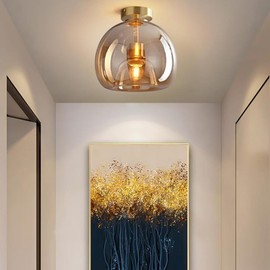 LTTKLMP Nordic Mid Century Corridor Globe Semi Flush Mount Ceiling Light Fixture Amber Smoke Grey Glass Ceiling Lighting Simple Mini Ceiling Lamp for Aisle Porch Stairway Closet Kitchen