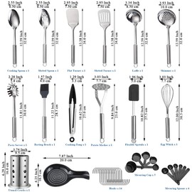 Reanea Kitchen Utensils Set, 39 Pieces Stainless Steel Cooking Utensils Set, Spoon Spatula Set with Sturdy Stainless Steel Utensil Holder, Dishwasher Safe