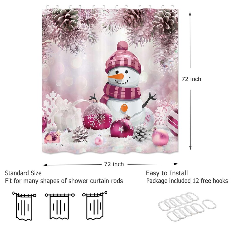 Pink Christmas Snowman Shower Curtain Xmas Balls Pine Cones Bathroom
