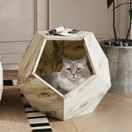 Indoor Cat House, Modern Wood Side Table Pet Furniture, 25.98x25.98x21.07 Inches, Multifunctional Planter Design, Living Room Bedroom Decor (White Oak)