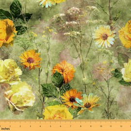 Daisy Flower Fabric by The Yard for Chairs Watercolor Yellow White Floral Oil Painting Style Upholstery Fabric for Arts DIY Hippie Graffiti Geometry Lines Decor Waterproof Outdoor Fabric,1 Yard