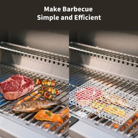 Delizon Grill Baskets Fish Grilling Rack for Outdoor Grill with Removable Handle, Come with Basting Brush Food Tongs & 5x BBQ Skewers