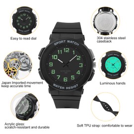 Juboos Children's Watch, Boys Girls Analogue Quartz Watch with Wrist Watch Light 50 m Waterproof Outdoor Sports Youth Watch 7-16, black, Sports