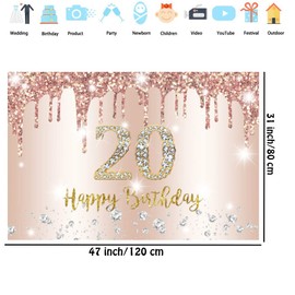 Tecreo 20th Birthday Decoration Happy Backdrop for Women Party Background Shining Glitter Rosegold Spots Pink and Gold Banner Wallpaper Adult Kids Photo Studio Props