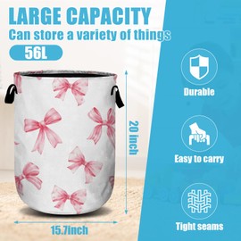 Pink Bow Laundry Basket, Laundry Hamper Collapsible Oxford Cloth with Handle Clothes Toy Storage Bin for Bathroom Laundry Room Bedroom 15.7 X 20 Inch