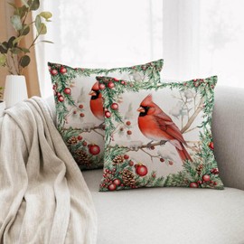Rytor Cardinal Christmas Pillow Covers 18x18 Inch Set of 2 Print Floral Flower Throw Pillow Covers Outdoor Decor Vintage Decoration Pillowcase Farmhouse Decorative Cushion Cover for Home Sofa