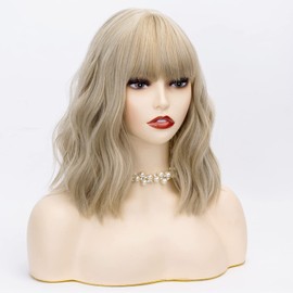 FALAMKA Blonde Wig with Bangs Short Curly Wavy Bob Wig for Women Cosplay Daily wear (Dark Blonde)