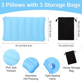 CYZBL Pack of 3 Inflatable Camping Pillows, Ultralight Inflatable Pillow for Beach, Inflatable Travel Pillow, Compressible Compact Ergonomic Flocking Pillow with 3 Pockets for Outdoor Use