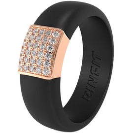 Rinfit Womens Silicone Wedding Ring - Engagement Ring for Women - Promise Rings for Her with Cubic Zirconia - Black & Rose Gold - Size 7