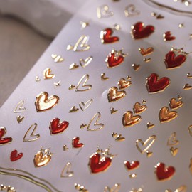 Valentine's Day Nail Art Stickers Decals Romantic Golden Red Heart Nail Stickers Exquisite Red Heart Design Valentine's Day 5D Embossed Nail Decals Manicure Supplies for Holiday Nail Art Decorations