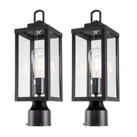 GRUENLICH Outdoor Post Lighting Fixture Pole Lantern, E26 Medium Base Max 60W, Metal Housing Plus Glass, Matte Black Finish, Bulb Not Included, 2 Pack