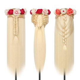 Training Head, 28 inch Mannequin Head,100% Synthetic Fibres Hairdressing Head Hairdresser Training Heads with Free Clamp and DIY Braiding Set (Blonde)