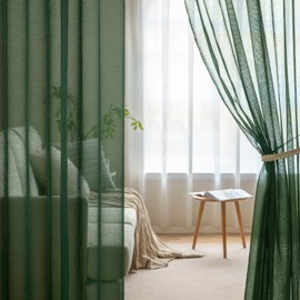 MIULEE Curtains with Ruffle Tape, Set of 2 Curtains, Living Room, Sheer Voile Curtains, Transparent, Bedroom, Dark Green, 140 x 145 cm