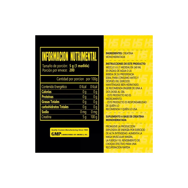 Creatina Monohidratada Hs 1kg 200 Servicios Hiper Sports