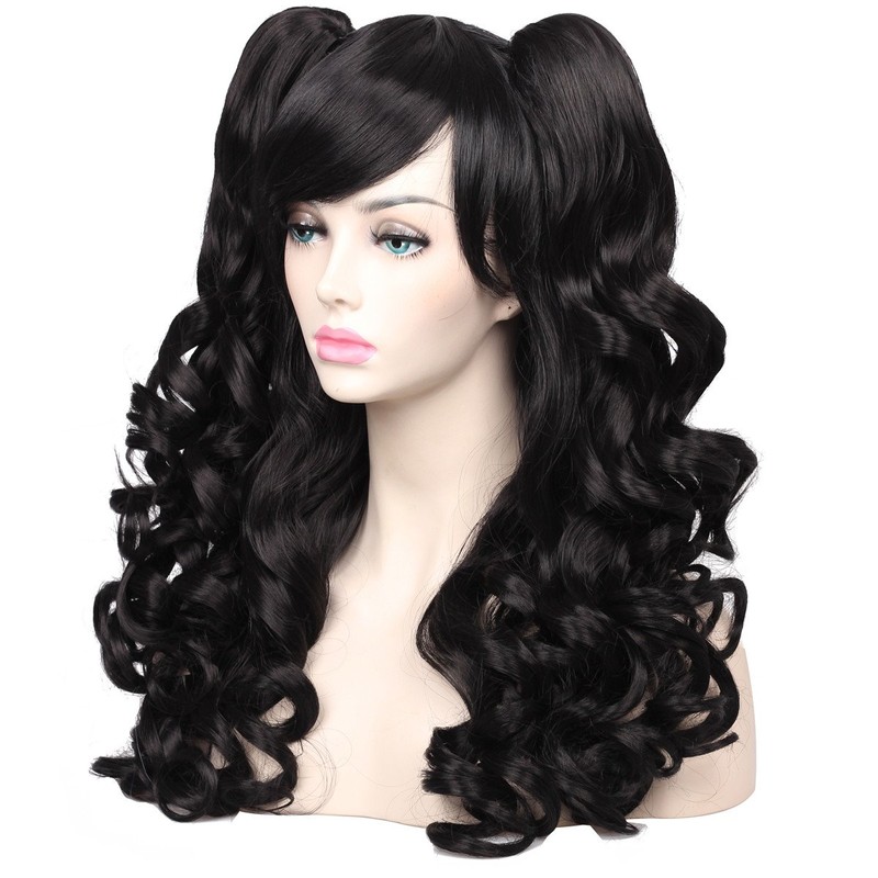 ColorGround Long Curly Cosplay Wig with 2 Ponytails(Black)