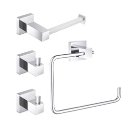 KIBI Cube 4-Piece Bathroom Hardware Set | Includes Towel Ring, Toilet Paper Holder, and 2 Robe Hooks for Bathroom Wall | Solid Brass Construction for Durability | Chrome Finish, C-KBA15-4-1