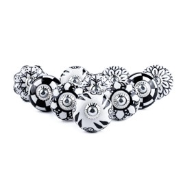 RAJRANG BRINGING RAJASTHAN TO YOU 10 Pcs Black and White Ceramic Knobs for Cupboard Dresser Drawer Furniture Handpainted Antique Boho Cabinet Pull Knob