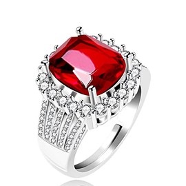 Uloveido White Gold Plated Cushion Cut Simulated Ruby Rings Adjustable, Red Zircon CZ Cluster Statement Ring for Women Y987