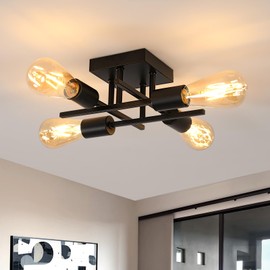 Pheashine Industrial Vintage Ceiling Light, 4-Light Semi Flush Mount Ceiling Lamp with E27 Sockets, Black Retro Chandelier for Kitchen, Bedroom, Dining Room, Farmhouse Lighting