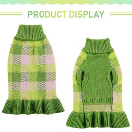 Dog Sweater Dress Plaid Knitwear for Small Medium Dogs Warm Puppy Pet Turtleneck Stretch Pullover Cute Fall Winter Vest Clothes with Leash Hole for Christmas (Green, 2XS)
