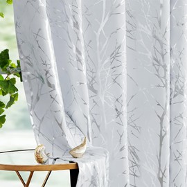 FMFUNCTEX 100% Blackout Curtains Silver White Curtains 63 Inches Length for Bedroom, Metallic Foil Tree Branch Patterned Panels for Living Room Darkening Window Drapes Thermal Insulated, 2 Panels