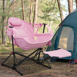 Ainfox Hammock Chair with Footrest, Oversized Swinging Portable Folding Camping Chairs for Adults Outside Swinging Camp with Cup Holder Pillow for Outdoor Patio Lawn Pink