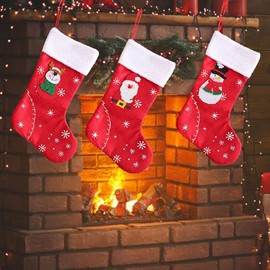 JOMA-E Shop Christmas Stocking Set of 3, Classic Santa Snowman Reindeer Xmas Stockings for Tree Fireplace Stairs Christmas Decorations Sack, Christmas Ornament Candy Pouch Gift Bags for Kids (Red)