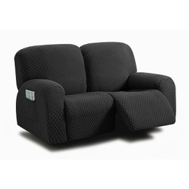 ULTICOR Reclining Loveseat Slipcover, 48" - 65" L, 6-Piece Jacquared Stretch Loveseat Reclining Sofa Covers, Loveseat Recliner Cover, Thick, Soft, Washable (Black, Loveseat Recliner Cover) (Style 1)