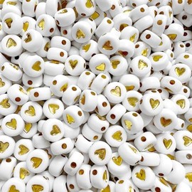 600pcs White Gold Acrylic Heart Beads Kit,4x7mm Gold Heart Shaped Beads Flat Round Spacer Beads Plastic Loose Beads for Jewelry Making,DIY Bracelets, Necklaces, Keychains