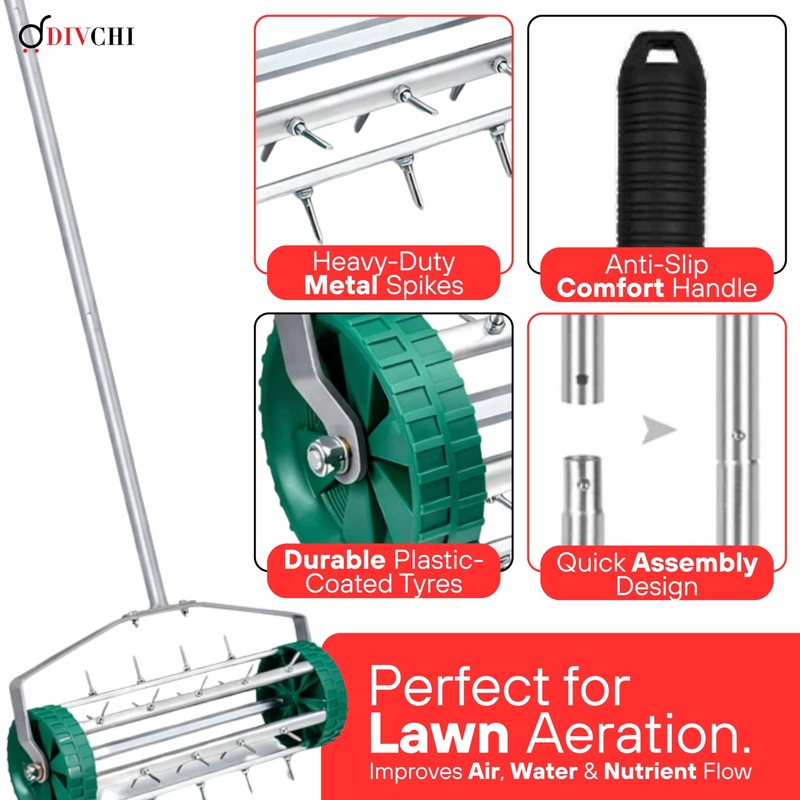 DIVCHI Garden Rolling Lawn Aerator Heavy Duty Metal Spikes -