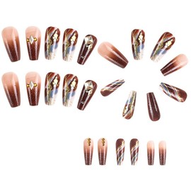 IFMOPETY 24pcs Brown Glossy Coffin Press On Nails, Brown False Nails with Diamond Design，Gradient Blue Gold Glitter，Resuable Fake Nails，12 Sizes Nail Kit (Brown Diamond)