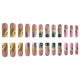 MISUD Press on Nails Long Square Fake Nails Glossy Glue on Nails Cheetah Acrylic Nail Supplies Squoval Artificial Nail Art Colorful Ombre Stick on False Nails with Flower Design DIY 24 pcs