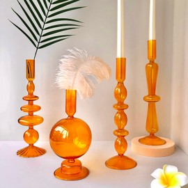 Amanman Candle Stick Candle Holder, Glass Candle Holders for Table Centerpiece, Modern Style Amber Candle Holder Mixed 4pcs