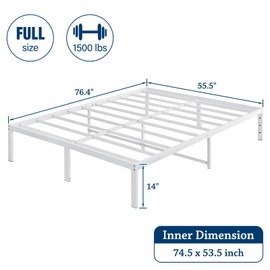 LUSIMO 14 Inch Full Bed Frame Heavy Duty Tall Metal Platform Bed Frame Full Size with Steel Slats No Box Spring Needed White