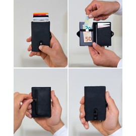 Lederhand® Aventus Wallet – Leder Geldbörse handgemacht für Herren und Damen Portemonnaie Aluminium Kartenhalter mit Münzfach und Platz für 9 Karten mit RFID NFC Schutz Farbe|(Schwarz)