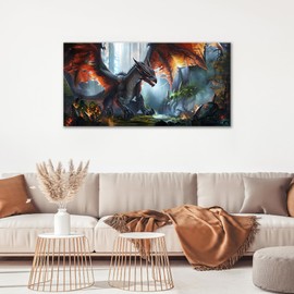 Large Cool Dragon Wall Art for Living Room - Western Fire Art Big Space Size Framed Canvas Prints Pictures - Painting Artwork for Bedroom Office Home Decor 60"x30"