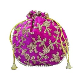 IGH Handmade Women's Velvet Embroidered Potli Purse | Indian Drawstring Bag | Pink Ethnic Handbag for Weddings & Parties (Pink,1 Pcs)