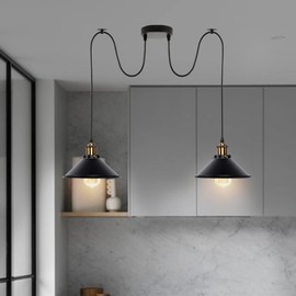 LEDSONE 2 Head Light Spider Pendant Lamp Retro Ceiling Fitting, 22cm Metal Industrial Light Shade Vintage E27 Base 2 Way Height Adjustable Hanging Light for Living Room, Kitchen Island (Black), 2HPL
