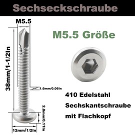 Fajoeda Pack of 40 Flat Head Allen Screws Drilling Screws, 410 Stainless Steel 5.5 x 38 mm Self-Tapping Screw (16 mm to 38 mm Available, Silver)