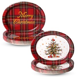 Dereinwo 50 Count Christmas Oval Buffalo Plaid Paper Plates, 12" X 10" Large Disposable Dinner Platters, Holiday Tableware Supplies