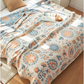 Scientific Sleep Floral Boho Mandala Datura Flower Bohemia Reversible 100% Cotton Muslin Blanket Throw Cover for Bed Couch Sofa Cozy Soft Lightweight Warm Quilt Bedspread Coverlet Twin 60 in x 80 in