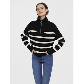 VERO MODA Women's Vmsaba Stripe Ls Highneck Blouse Ga Noos Sweater, Black, Large