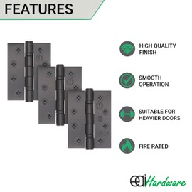 EAI Black Fire Rated Door Hinges Grade 13 | 4 Inch / 102 x 76mm Matt Black Ball Bearing Hinges | 1.5 Pairs / 3 Pack with Fixings