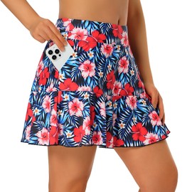 Turnhier - Falda de natación para mujer, cintura alta, con volantes, control de abdomen, tankini con bolsillos, Rojo (Red Flower), X-Large