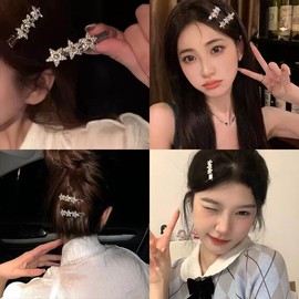 Star Hair Clip Rhinestones Y2K Silver Star Snap Hair Barrettes for Teen Glitter Metal Alligator Clips for Hair Styling Cute Star Hair Accessories for Girls Hairpins Star Side Hair Clip 4PCS