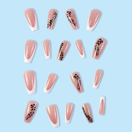 Coffin Press on Nails Medium Fake Nails with Golden Glitter & Black Leaves Designs White French Tip Nails Press ons Glossy Glue on Nails Nude Full Cover Fall Winter Stick on Nails for Women 24Pcs