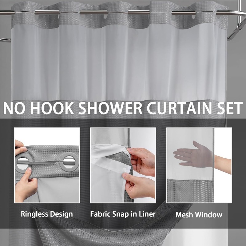 JYhoney No Hook Grey Waffle Weave Shower Curtain with Snap