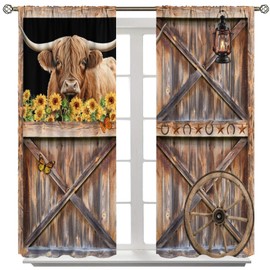 AAVEUP Farm Cow Curtains for Bedroom,Vintage Country Rustic Old Barn Wooden Door Wheel Cow Sunflower Butterfly Cottage Farmhouse Window Drapes for Boys Girls Living Room Bathroom 42x45in（No Blackout）