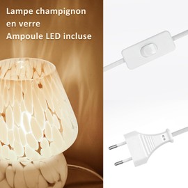 ONEWISH Mushroom Lamp, Small Bedside Lamp for Bedroom, Living Room and Kitchen, Transparent Glass Lamp in Murano Style, Aesthetic Lamp as a Birthday Gift, White