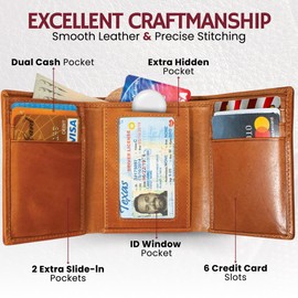BULL GUARD Trifold Wallet with RFID for Men, Genuine Leather - Card and Cash Holder for Outdoors, Professionals